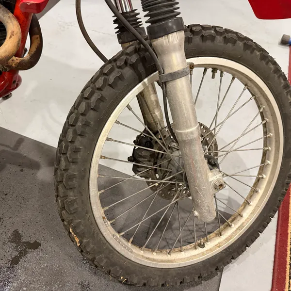 Front wheel and fork lowers. Fork seals are weeping, tire is old but holding air.