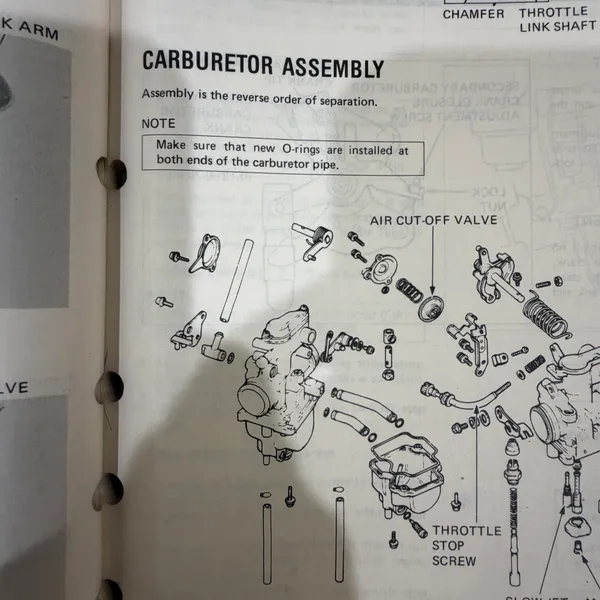 Shop manual page 4-9, Carburetor Assembly. The note about new O-rings on both ends of the carburetor pipe is worth reading twice.