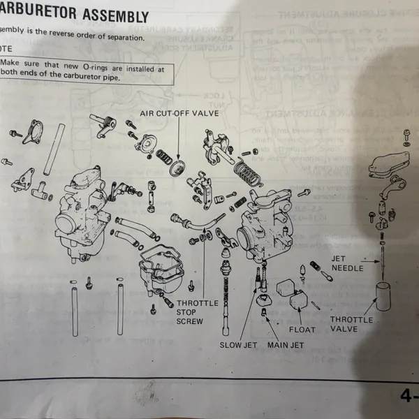 Page 4-9 in full. Air cut-off valve, throttle stop screw, slow jet, main jet, float, jet needle, throttle valve.