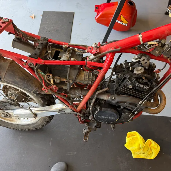 Tank and seat off, left side. First clear look at the backbone, the airbox and where the harness runs.