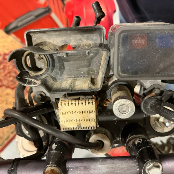 Warning light pod and its rubber bracket, lifted off the top triple clamp. The white connector below it is the main junction behind the headlight.