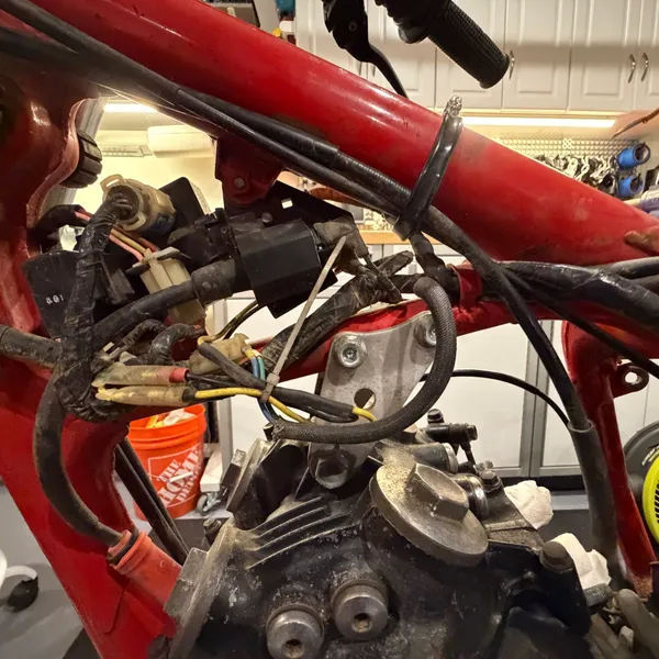 Harness along the backbone above the head, left side. Spark plug cap and the connector bundle.