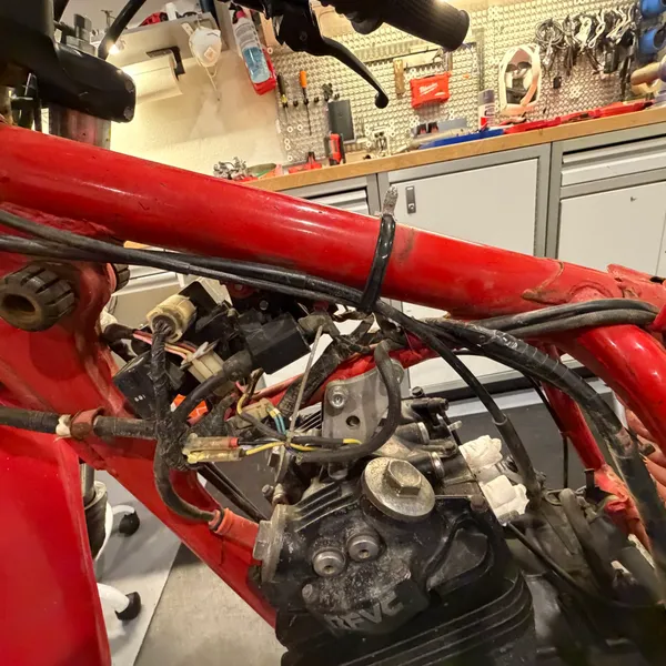 Same area from slightly behind, showing where the harness dives under the tank mount.