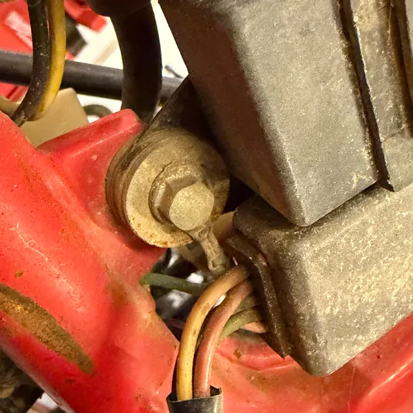 Rubber-isolated mount for the box on the downtube. The bolt goes through a rubber grommet, not straight into the frame.