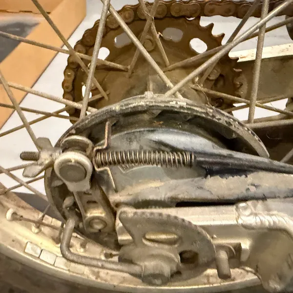Rear hub, drum brake arm and the chain adjuster. Chain is rusty and due.
