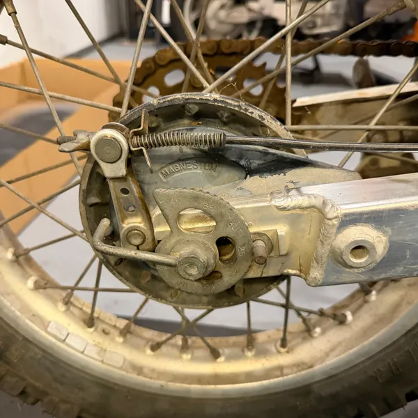 Rear brake arm and torque link from the left, showing the rod and the cotter pin.